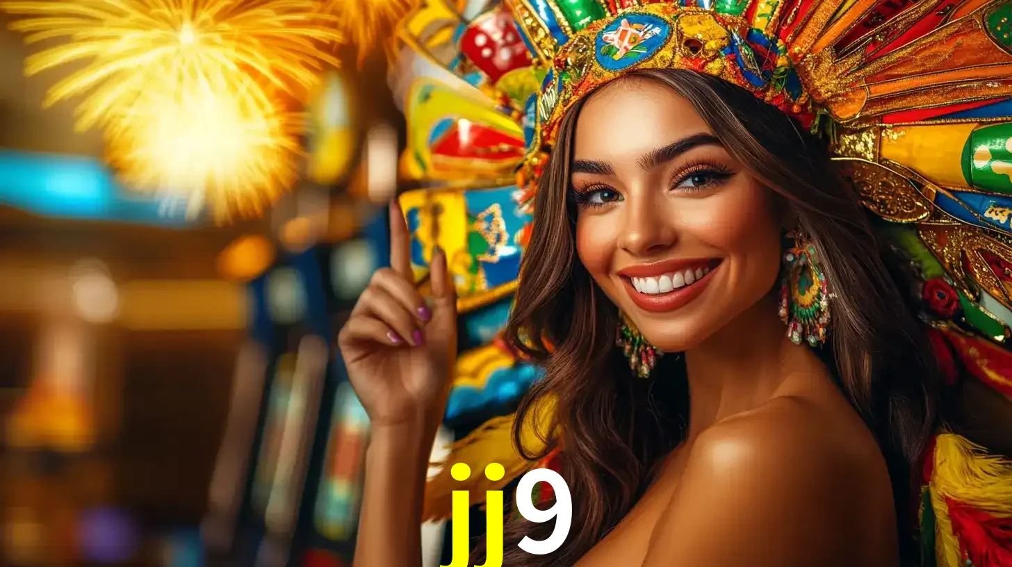 Mulher sorridente com um cocar de carnaval vibrante e colorido, celebrando uma grande vitória nos jogos do cassino jj9 com fogos de artifício ao fundo.