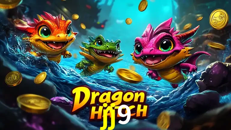 Arte promocional do jogo Dragon Hatch com três adoráveis dragões bebês nadando entre moedas de ouro, um dos slots mais divertidos para jogar no cassino jj9.