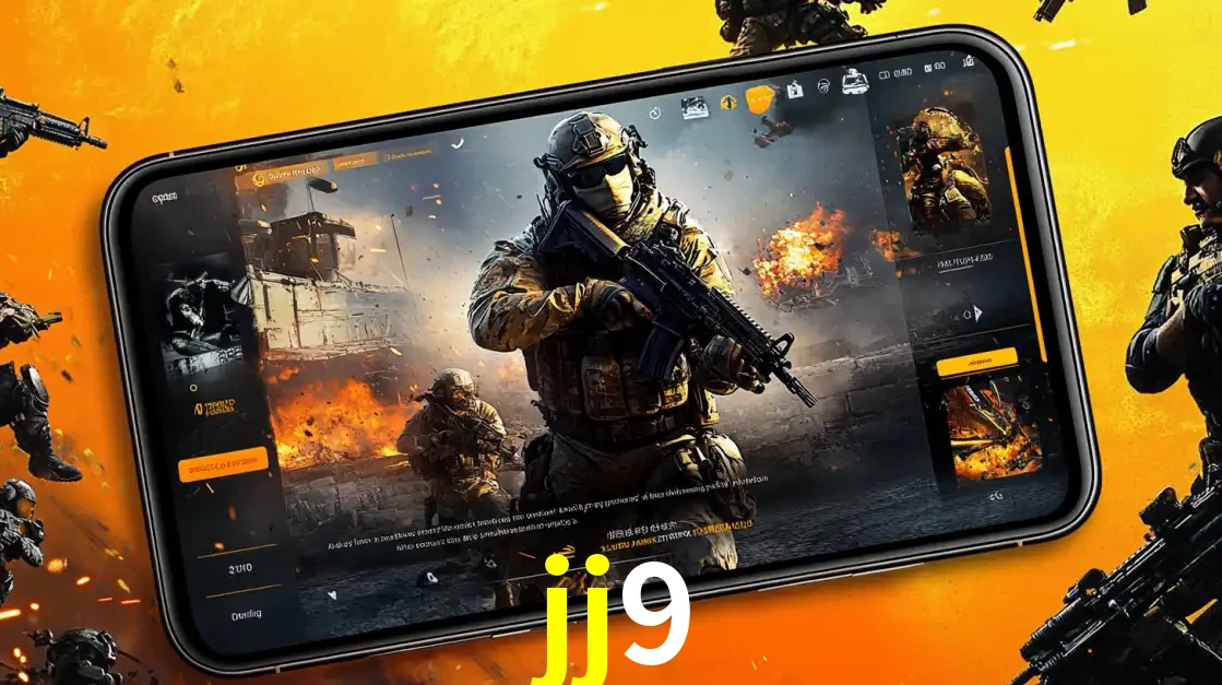 Um smartphone exibindo a interface de um jogo de tiro em primeira pessoa, com um soldado em um cenário de batalha, representando a ação dos e-sports para apostar no jj9.