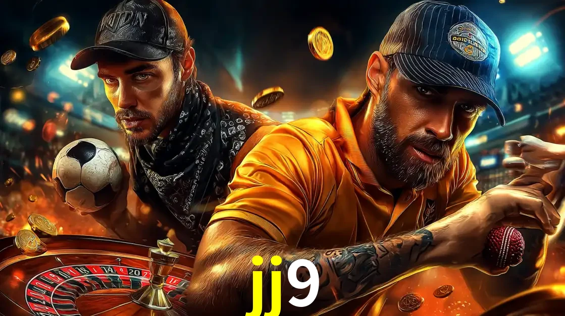 Montagem de apostas esportivas e cassino no jj9, com um homem segurando uma bola de futebol e outro uma de beisebol sobre uma roleta e moedas voadoras.