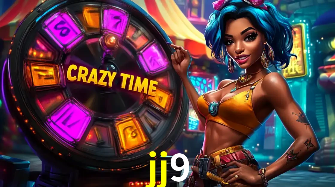 Mulher estilizada com cabelo azul e visual vibrante posando ao lado da roda de prêmios do game show Crazy Time, convidando para a diversão e os bônus do cassino jj9.