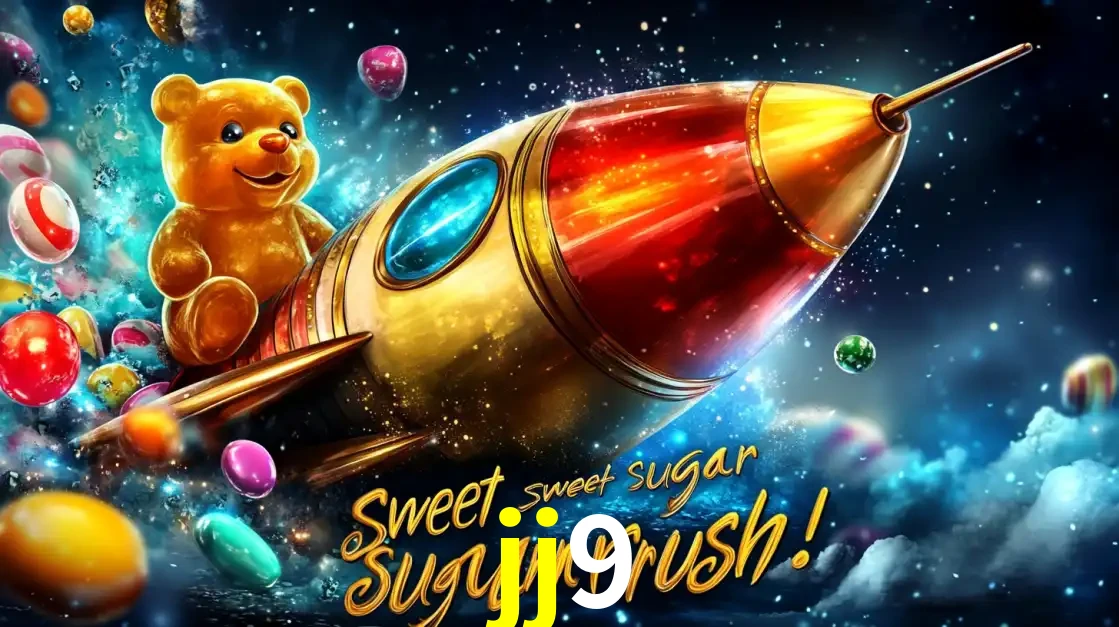Arte promocional do jogo de slot Sugar Rush, com um urso de pelúcia em um foguete viajando pelo espaço de doces, um dos jogos divertidos disponíveis no cassino jj9.