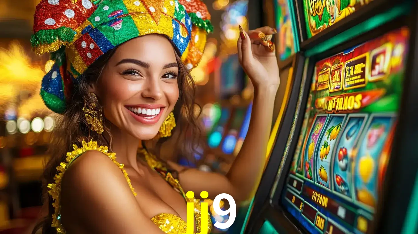 Mulher feliz com traje de carnaval amarelo e colorido ao lado de uma máquina de caça-níqueis, aproveitando a diversão e os jogos temáticos do cassino jj9.