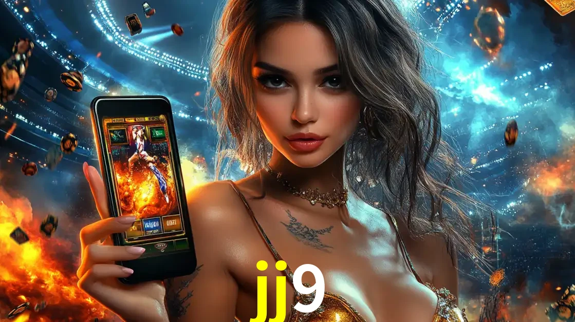 Mulher segurando um celular com um jogo de slot em destaque, tendo como fundo um estádio vibrante, simbolizando a emoção de jogar no cassino móvel jj9.